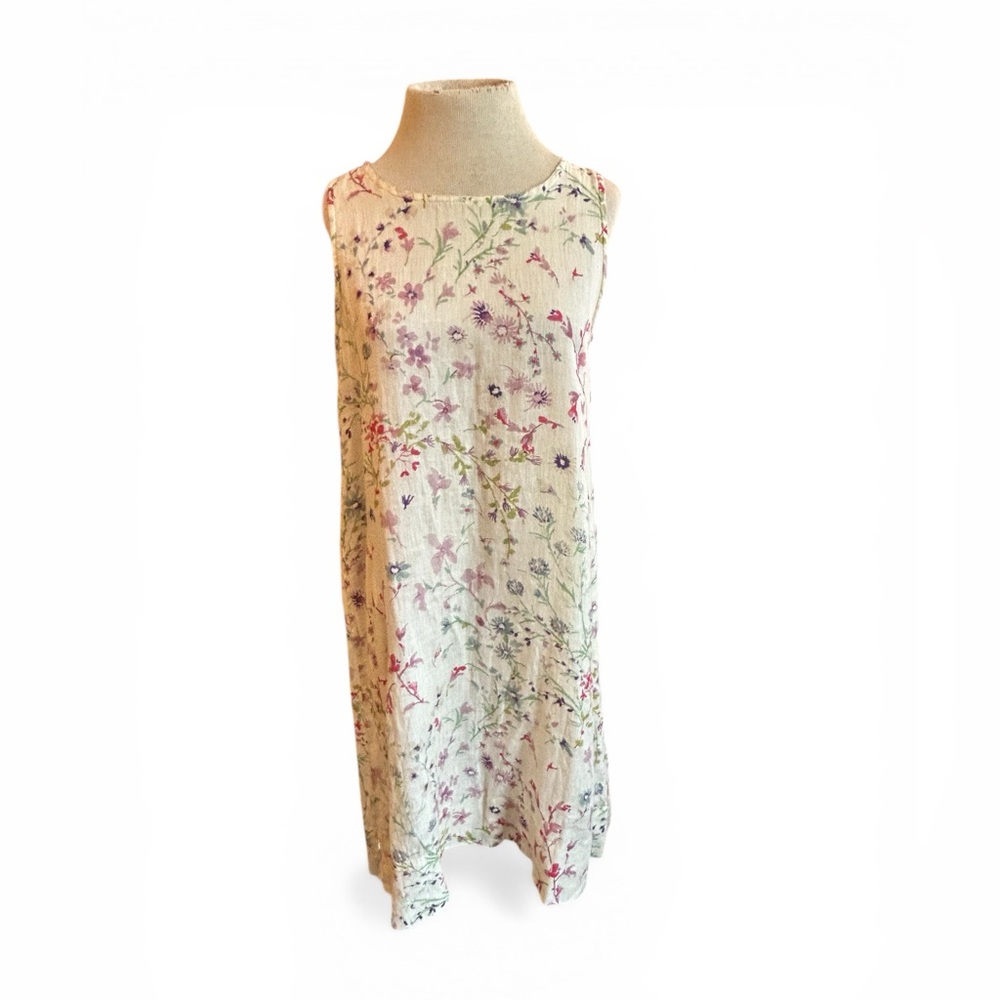 Cut Loose 100% Linen Cream Floral Linen Shift with Pink and Green USA Made